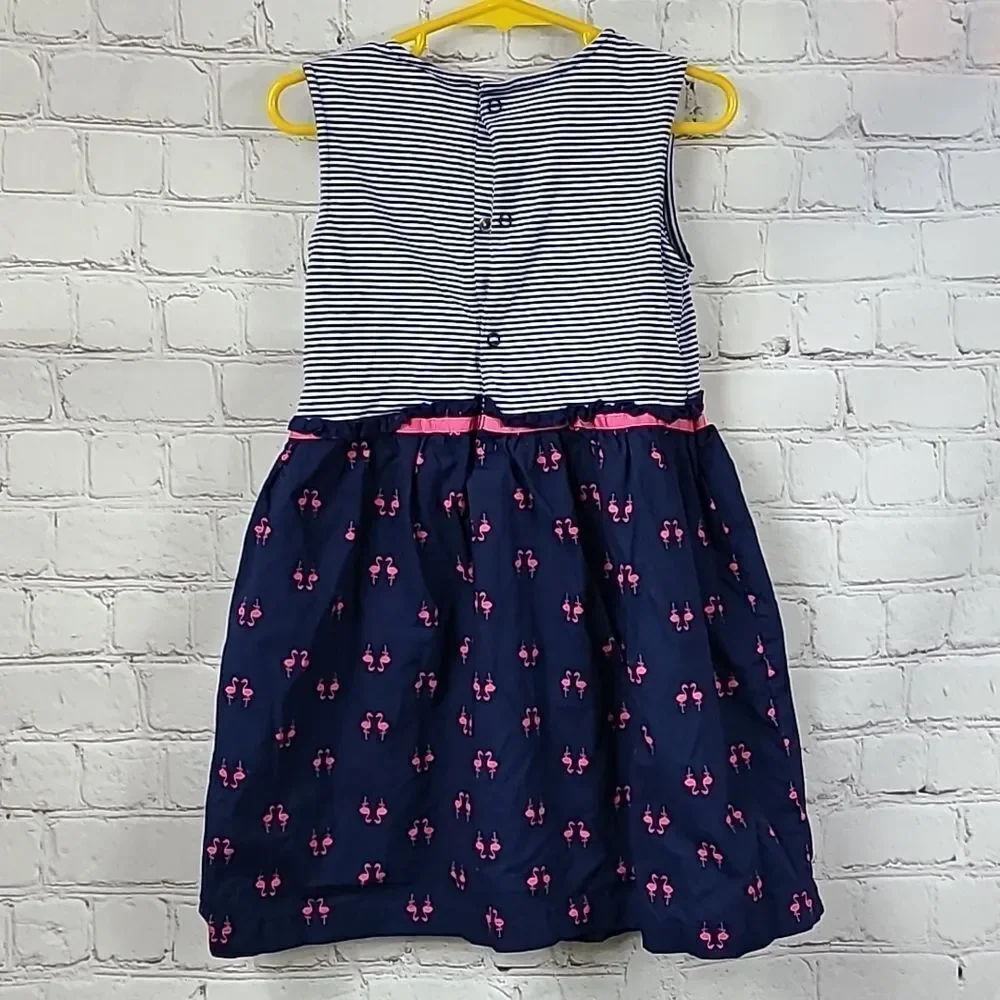 Carter's Toddler Girls Navy Blue Nautical Stripe Pink Flamingo Dress Size 4T